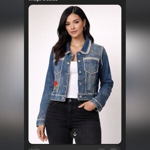Short & Sexy Series Rhinestone Denim Jacket XL Rose Embroidered Cropped